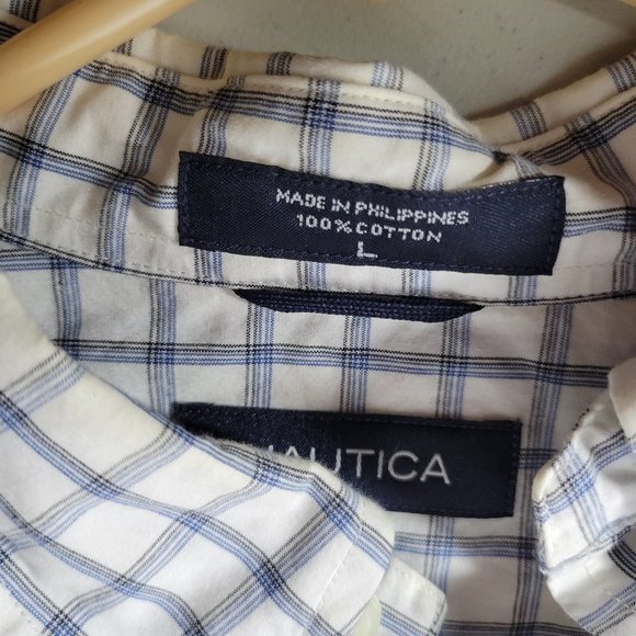 Nautica Mens Button Down Dress Shirt  White Blue Black Check  Long Sleeve Size L - Picture 2 of 4